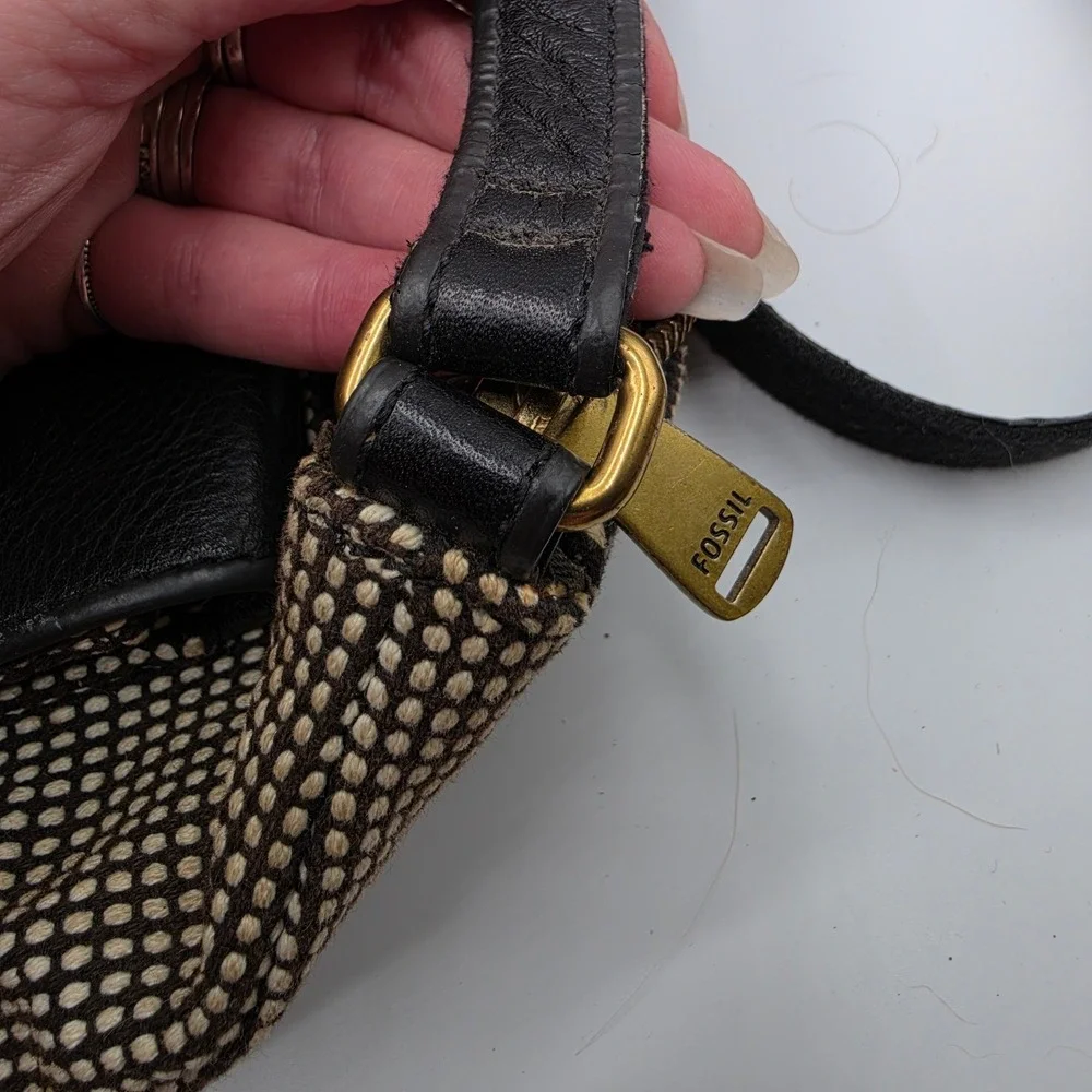 Fossil Crossbody Bag Black Cream Woven Fabric Leather Messenger Brass Hardware
